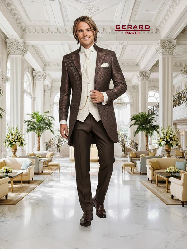 Santiago Braun: brauner Hochzeitsanzug mit gemustertem Stoff und cremefarbener Weste