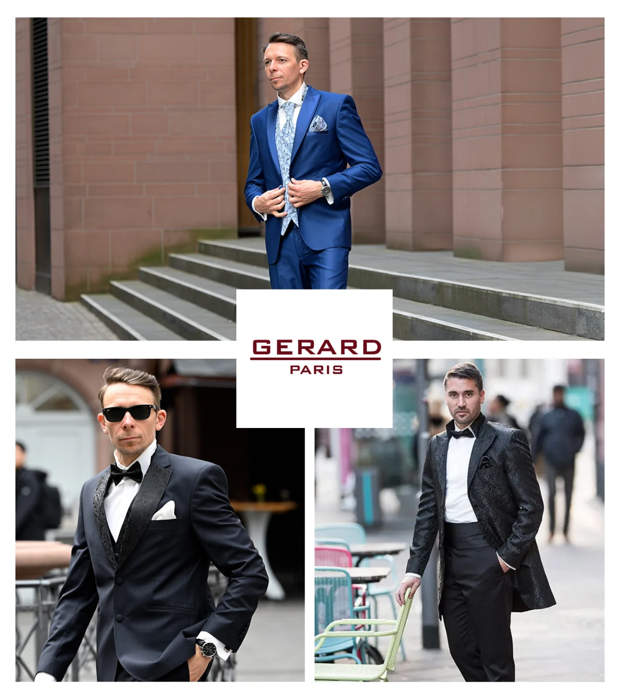 Gerard Paris Mode-Collage mit blauem Hochzeitsanzug und schwarzen festlichen Looks